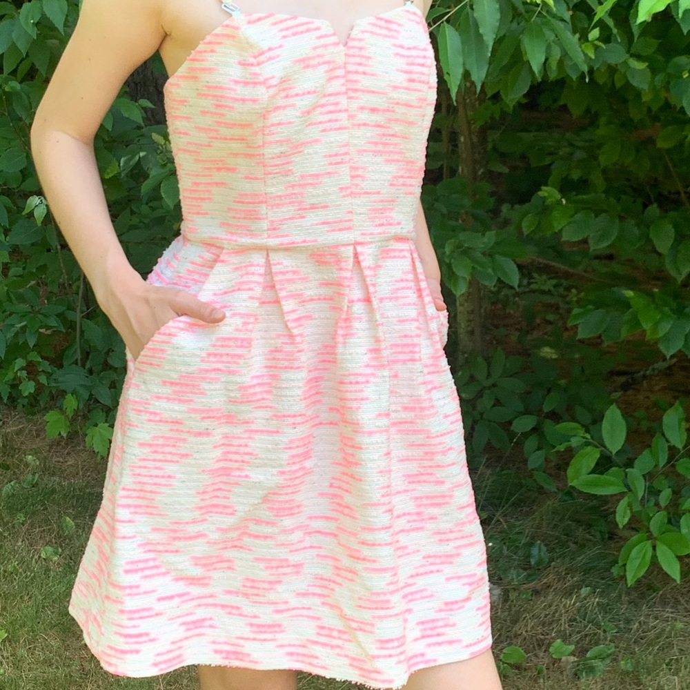 Anthropologie Pink and White Textured Strapless Fit-and-Flare Dress